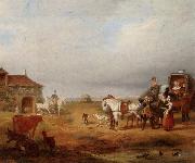 An open landscape with a horse and carriage halted beside a pond,with anmals and innnearby